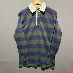 Vintage Striped Rugby Polo Shirt Green Purple Blue Long Sleeve Visible Repairs